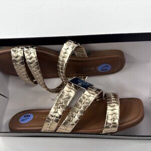 Nine West Sandals Womens 6.5 Gold Strappy Slip On Slide Woven Flat Shiny NEW